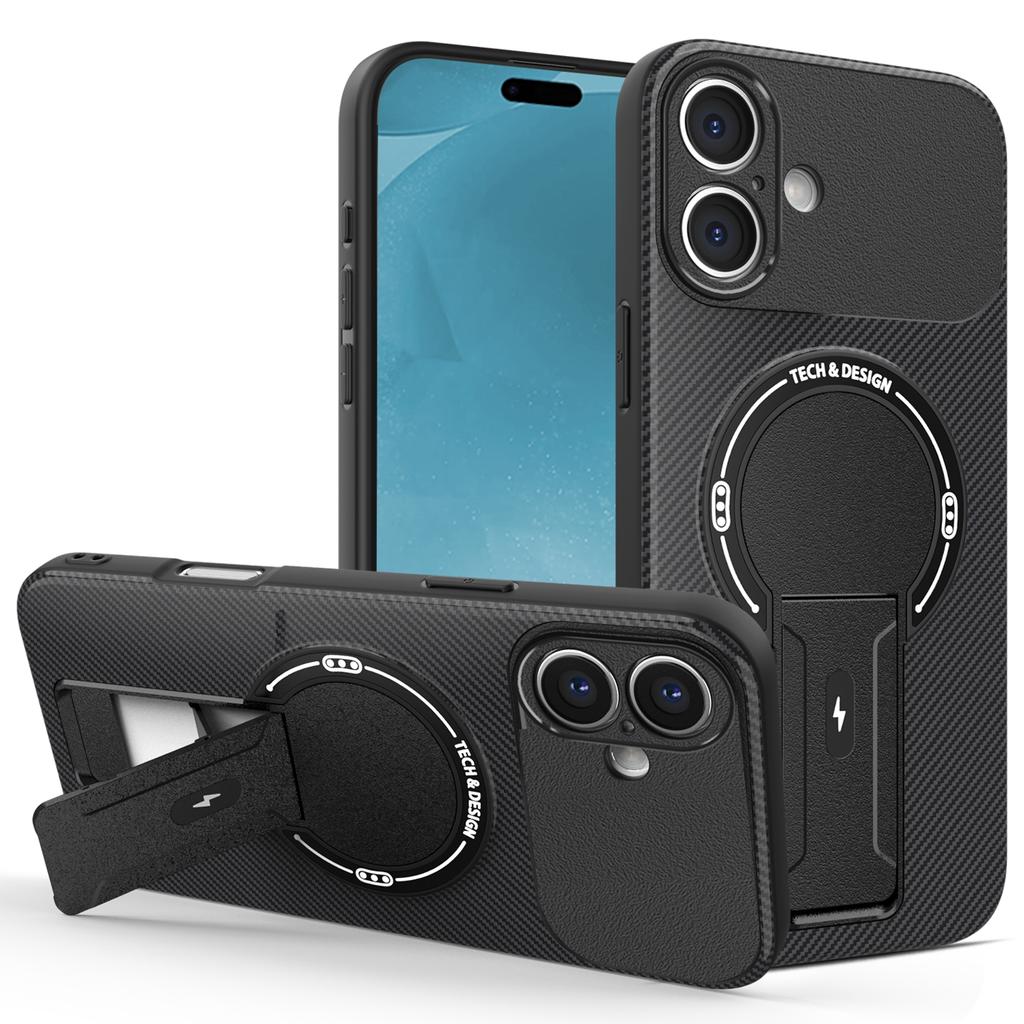 For iPhone 17 Case with Kickstand Carbon Fiber Texture PC+TPU Phone Cover