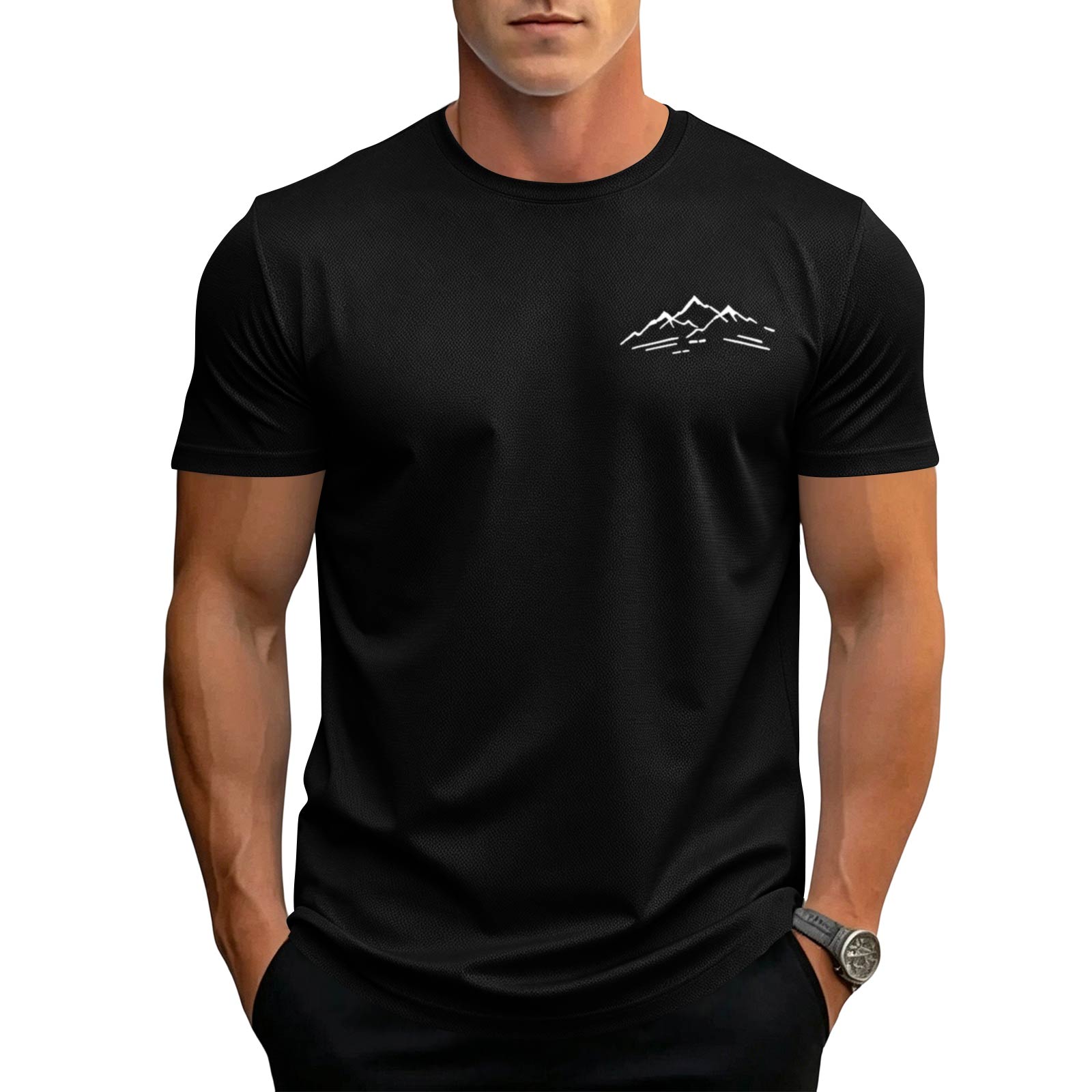 

Men s Short Sleeve Crew Neck T-Shirt Lightweight Casual Fit Soft Fabric Breathable Summer Top with Minimalist Mountain Graphic Design L чёрный