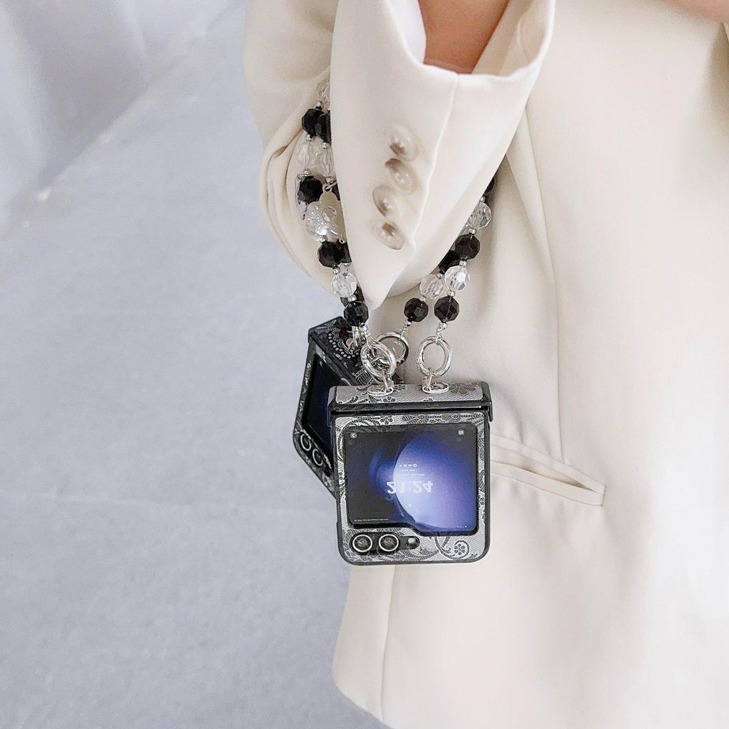 PU Leather Bead Wrist Strap Phone Case for Samsung Galaxy Z Flip 6 5 4 3 5G Hinge Protection Shockproof Cover