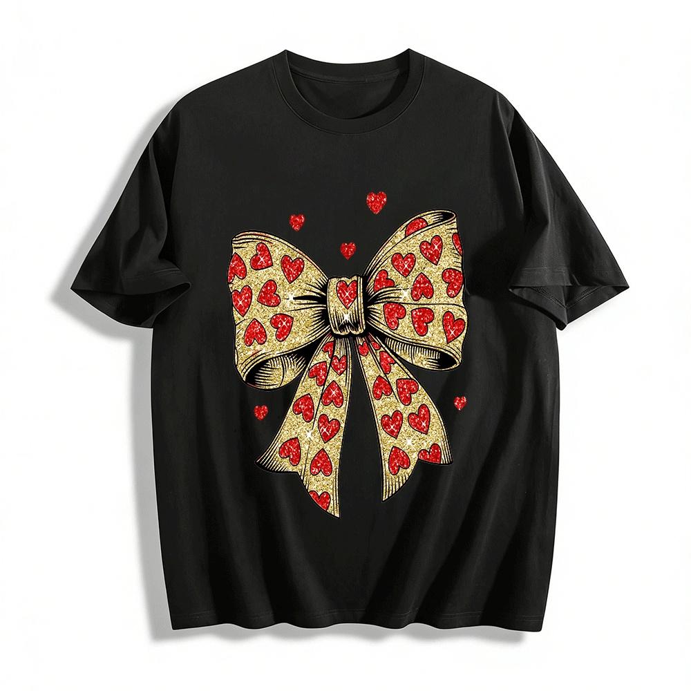 

Glitter Heart Bow Print Casual Versatile Women s Top Pure cotton T-shirt XXS