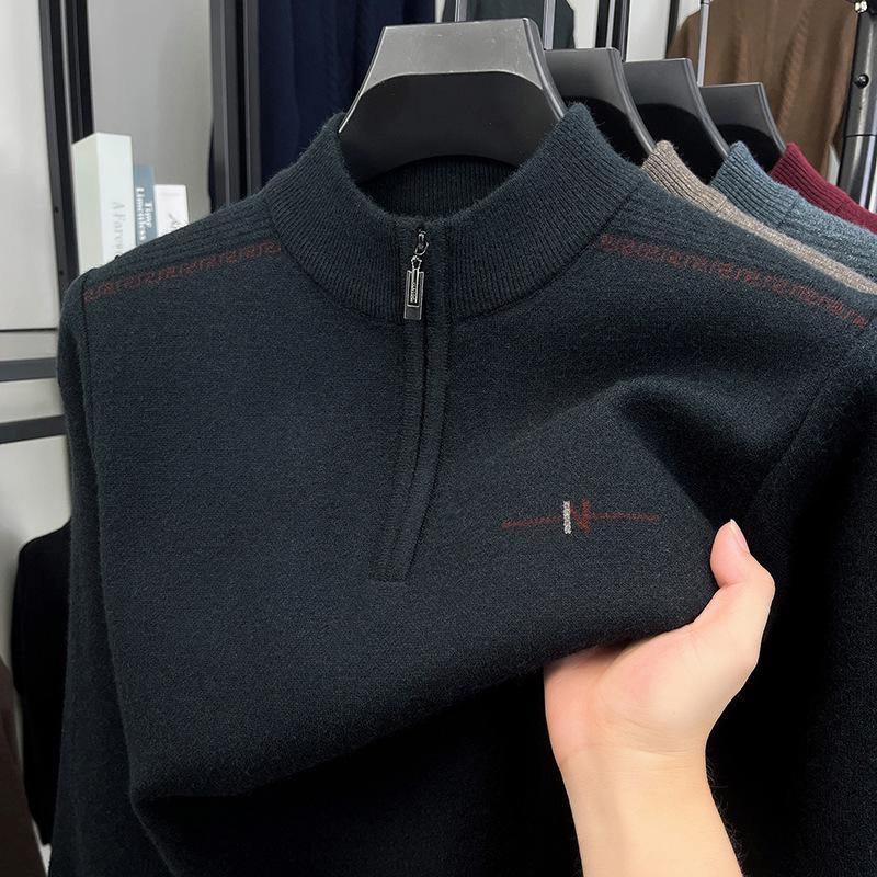 Men's Autumn/Winter Embroidered Knit Sweater: Zipper Stand Collar, Middle-aged Style, Fashionable & Thick, Versatile Warmth