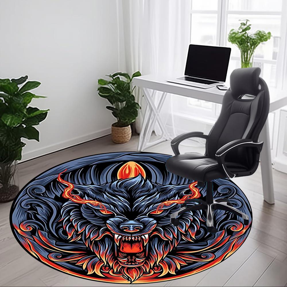 1 Stück Wolfskopf Design Stuhlteppich für Büro, Runder Rutschfester Langlebiger Großer Büroteppich, Geeignet für Büro