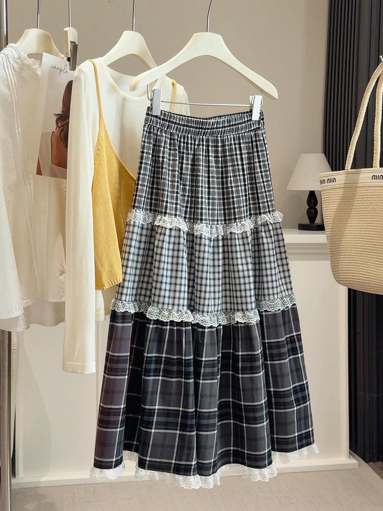 2026 Spring/Summer Women's Retro Plaid Lace Trim A-line Long Skirt with Elastic Waist