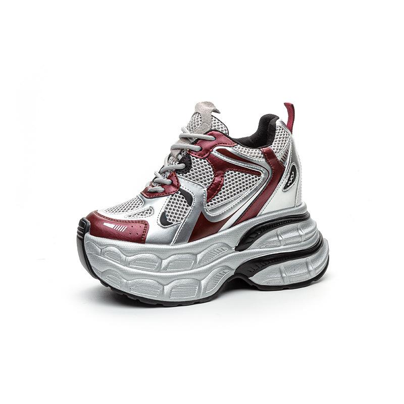 

12CM inner height-increasing sports shoes women s 2025 spring new leather splicing breathable and comfortable casual platform dad shoes 39 красный