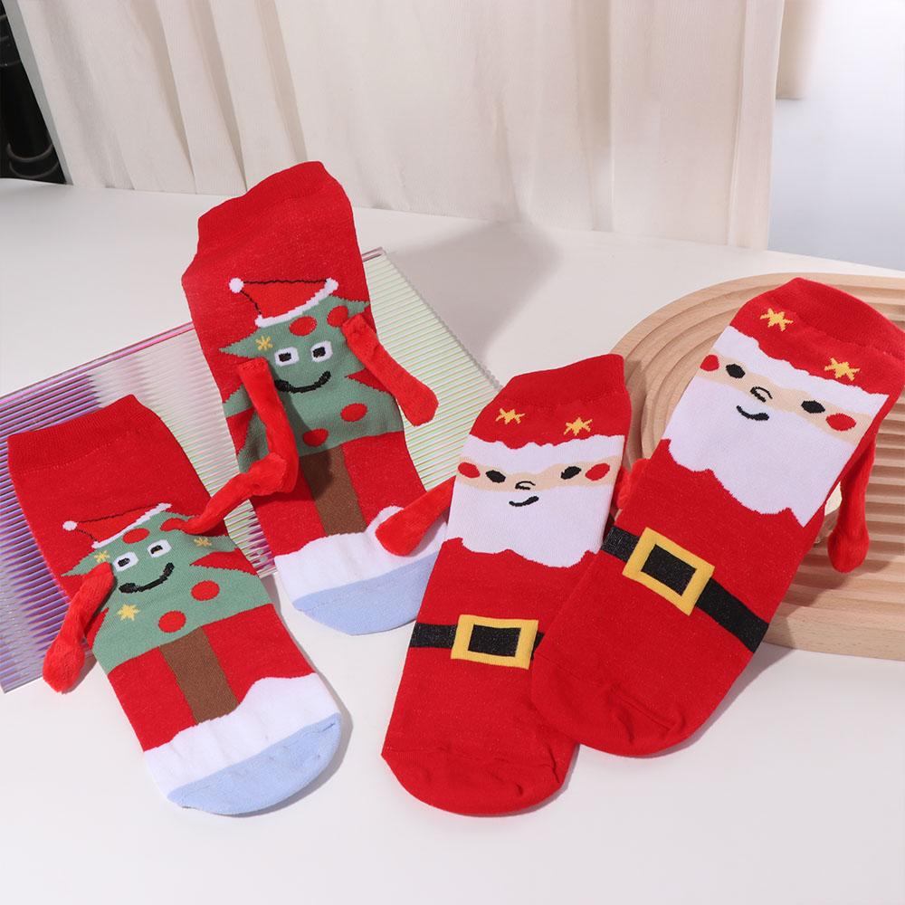 2Pairs Magnetic Christmas Socks Tree Cotton Mid-calf Sock Fashion Hand in Hand Socks  Couples