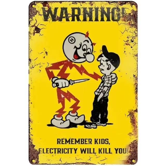 Retro Metal Remember Child Electricity Will Kill You Logo, Child Danger Warning Tin Aluminum Logo, Home School Wall Decoratio
