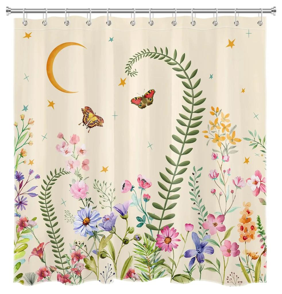 Floral Shower Curtains for Bathroom Pink Plant Flowers Watercolor Butterfly Wildflower Botanical Bathroom Curtain Set,Waterproof