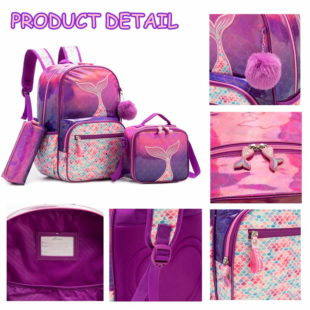 3PCS School Bag for Girls Cute Backpack Set with Insulated Lunch Bag Kids Bookbag for Elementary Back To School Gift Mochila