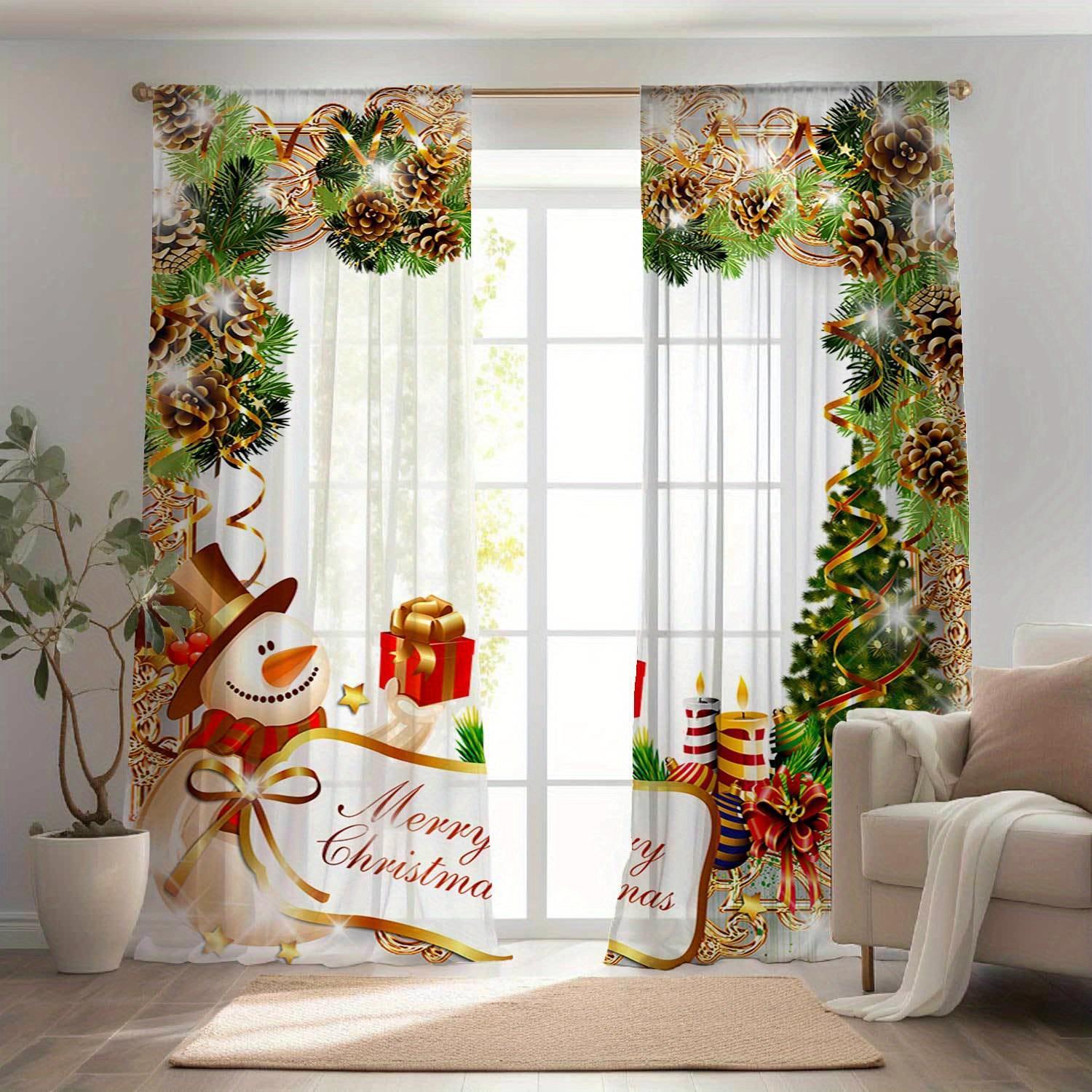 

2pcs Christmas Style Room Decoration Curtains Christmas Red Flowers Birds Snowman Print Curtains for Living Room Bedroom Window 100W130H(CM)&Rod Pocket