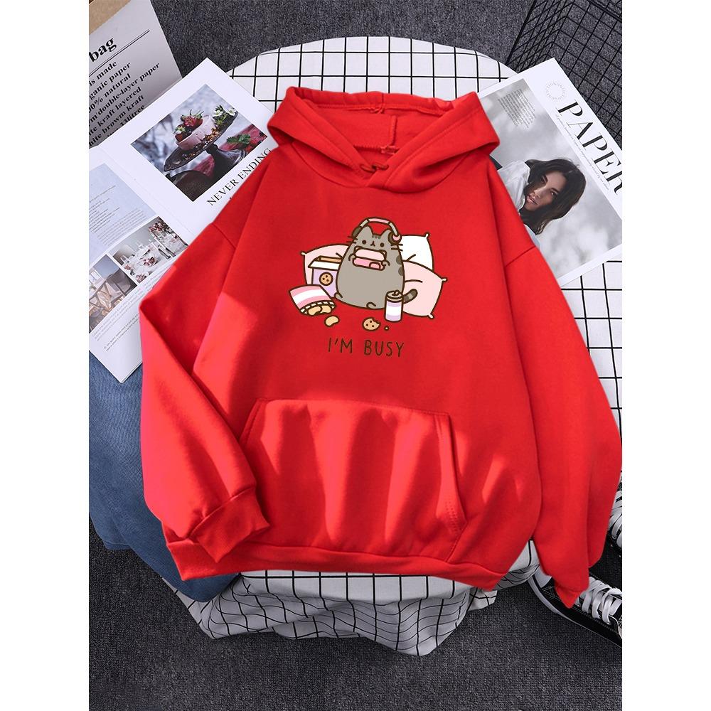 Sorry I'M Busy Cat Playing Games With Headphones Women Hoody Simple Pocket Pullovers Outdoor Soft Sweat Street Casual Female Top