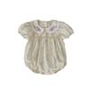 Baby Girl Summer Purple Floral Short Sleeve Romper with Ruffle Collar and Embroidery