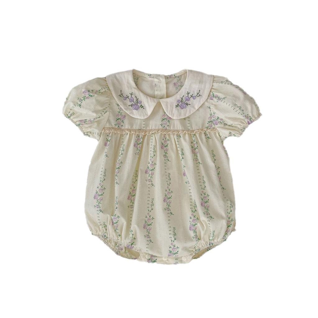 Baby Girl Summer Purple Floral Short Sleeve Romper with Ruffle Collar and Embroidery