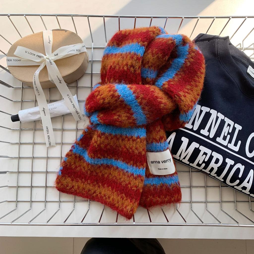 Color Striped Knitted Scarf Women's Autumn and Winter Korean Version of High-end Atmosphere Versatile Thickened Warm Scarf Student