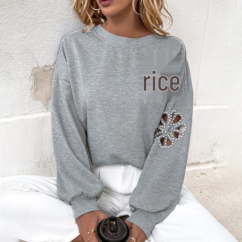 Women's Flower Beaded Hollow-Out Pullover Hoodie, Round Neck Loose Casual Autumn Top
