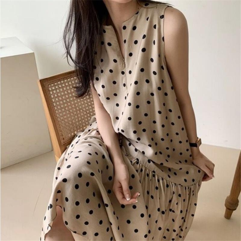 Lazy seaside vacation style sleeveless vest polka dot long dress Han Fan temperament loose long dress S
