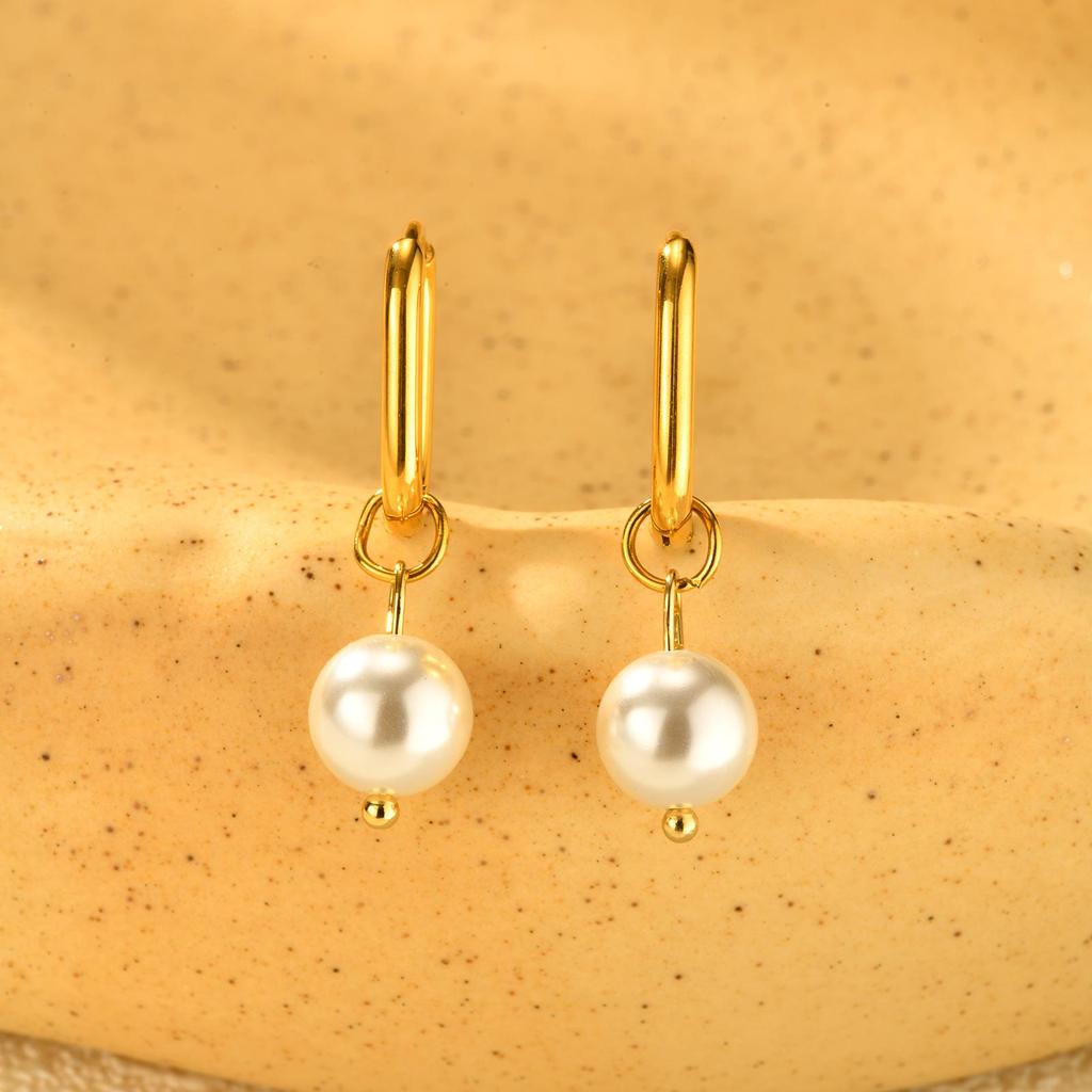 Elegant Imitation Pearl Pendant Earrings for Women,Gold Color Oval Hoop Earrings,Stainless Steel Jewelry Gift