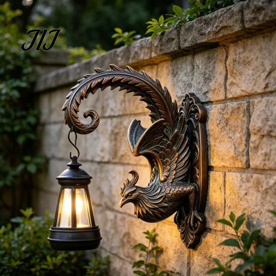 Solar Powered Porch Lanterns Phoenix Wall Lights, Resin Sculpture Outdoor Light, Bronze Finish Yard Decor Waterproof Landscape Lamp for Garden