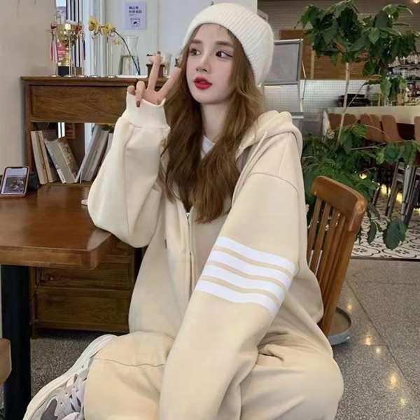 Dámská tepláková souprava Influencer: Volná mikina s kapucí na zip a tepláky v korejském stylu pro podzimní/jarní ležérní módu