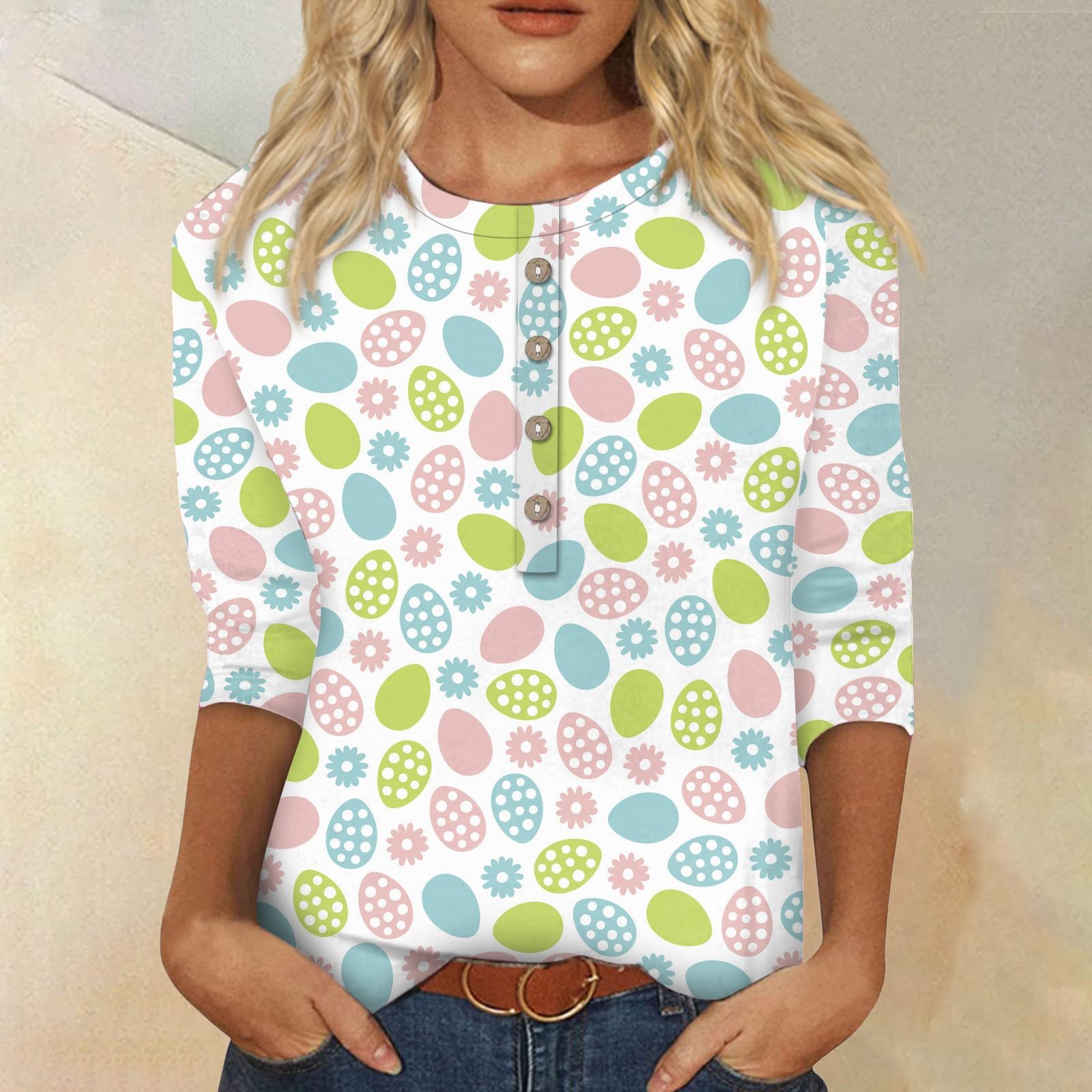 Женский модный топ на пуговицах с семиточечным рукавом и круглым вырезом с принтом — фото 5