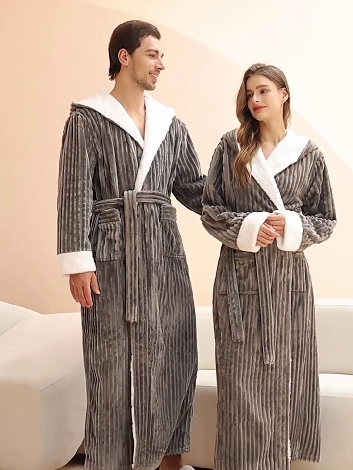 Höst Vinter Extra Lång Morgonrock för Par Enfärgad Med Huvuva Randig Badrock Stor Storlek Herr Snörning Flanellrock med Fickor