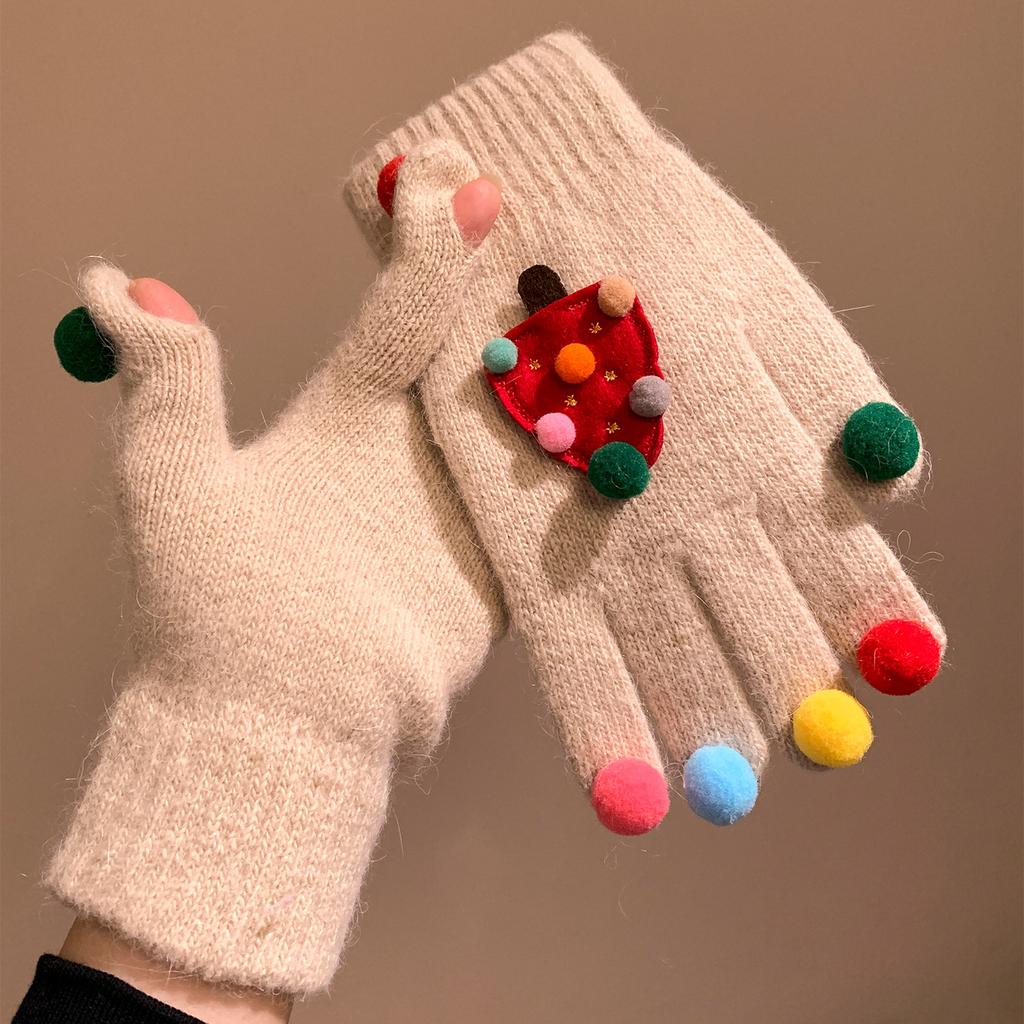 Cute Creative Red Christmas Tree Knitted Gloves for Women Winter Five Finger Warm Plush Windproof and Cold Proof Cycling Christmas