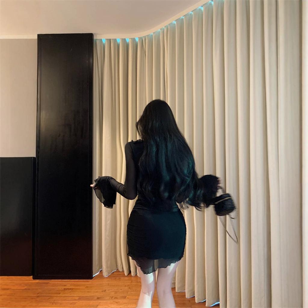 Black Spice Girl Mesh Slim Fit Tight Trumpet Long Sleeve Dress Women's Autumn Pure Desire Lace-up Irregular Hip Wrap Skirt