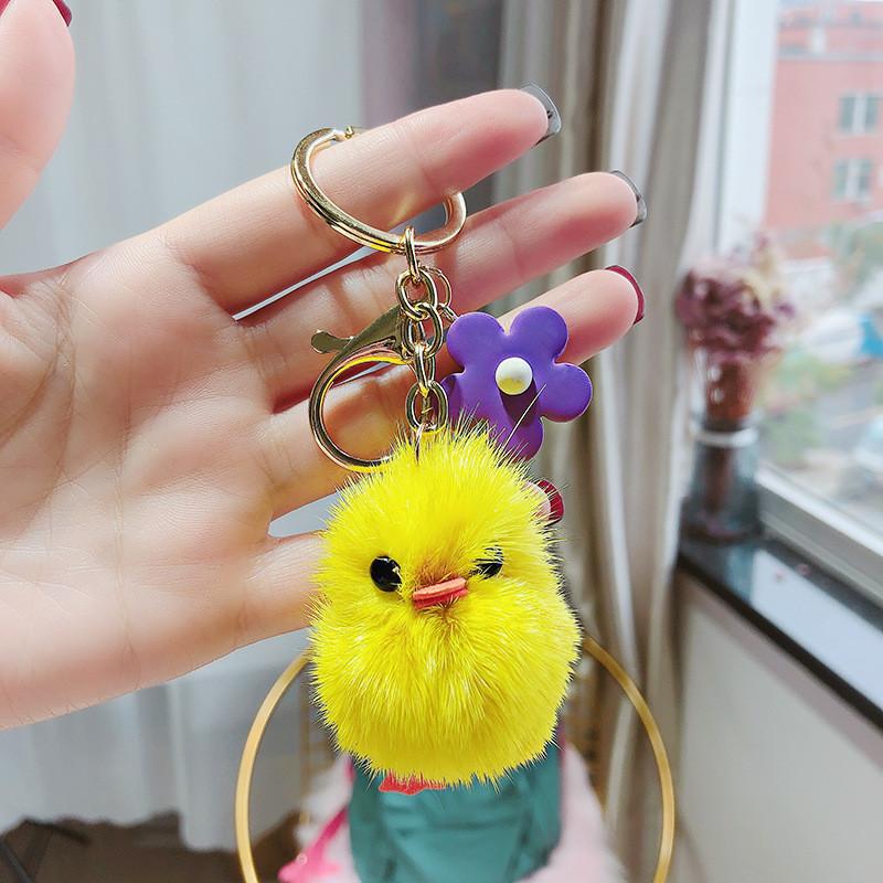 Adorable Plush Chick Keychain Accessory With Real Mink Fur Cute Cartoon Style