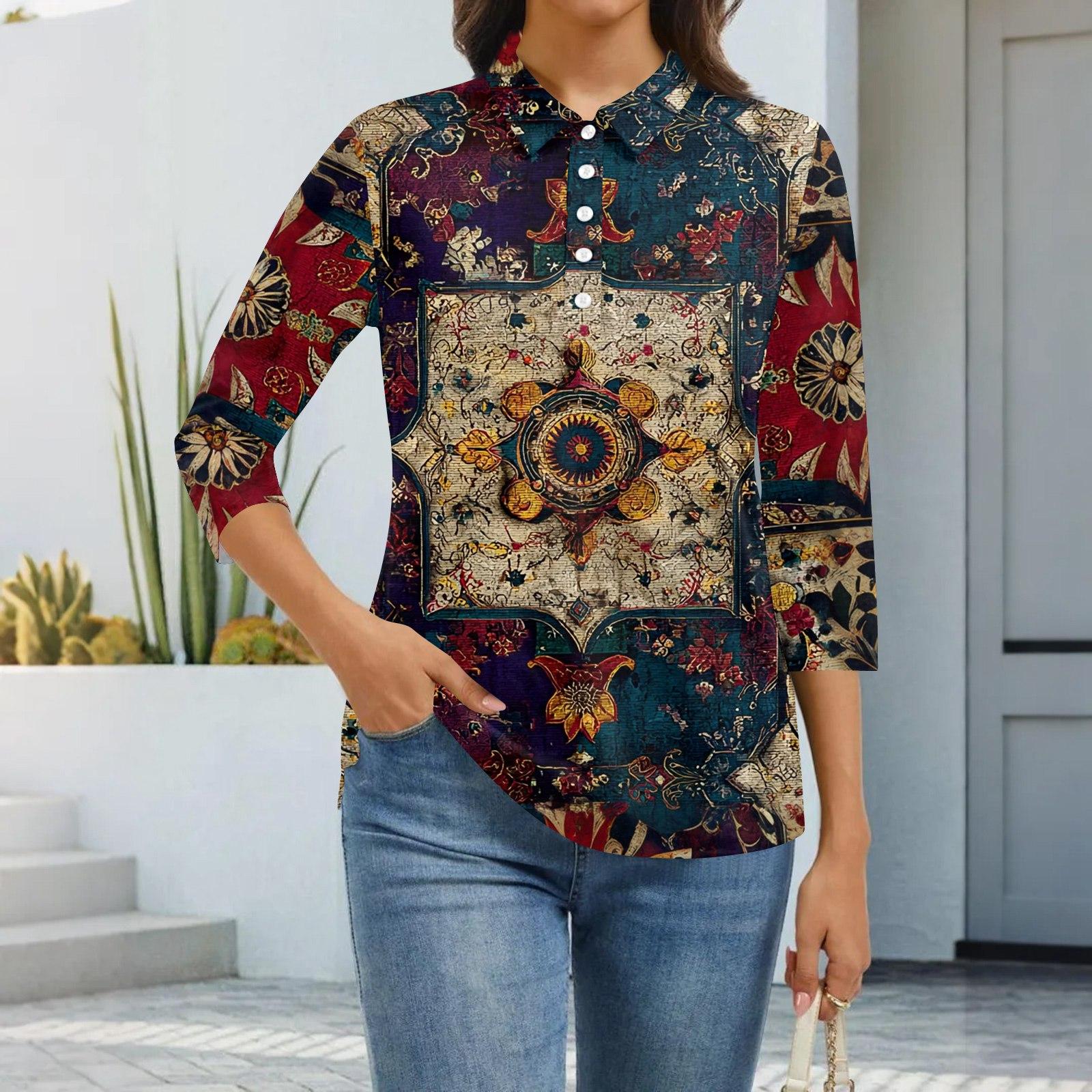 

Женская модная повседневная рубашка с лацканами и рукавом 3/4 с принтом, женские топы на пуговицах M