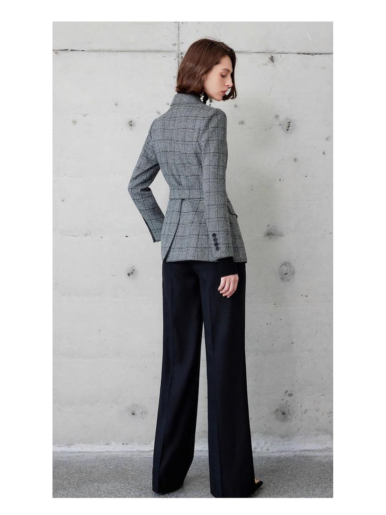 Luxurious British Style Dark Plaid Suit: Women's Jacket & Straight-Leg Pants Two-Piece Set for Autumn/Winter.
