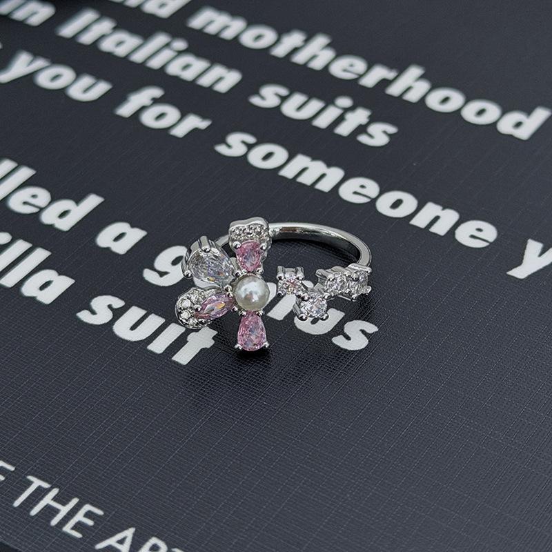 Süßer Mädchenstil Silber-Rosa Diamantenbesetzter Schatz Schleife Stern Krone Offener Ring Nische Stapelring Frau