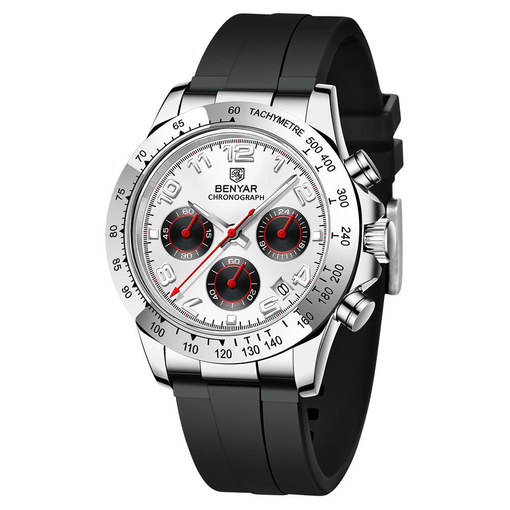 BENYAR New Casual Mens Quartz Watches Steel Bezel Silicone Strap Waterproof Multifunctional Luminous Wristwatch For Man
