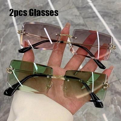 2pcs Fashion Women Rectangle Rimless Sunglasses Square Vintage Glass Luxury Goggles Unisex Retro Frame Gradient Traveling Eyewear