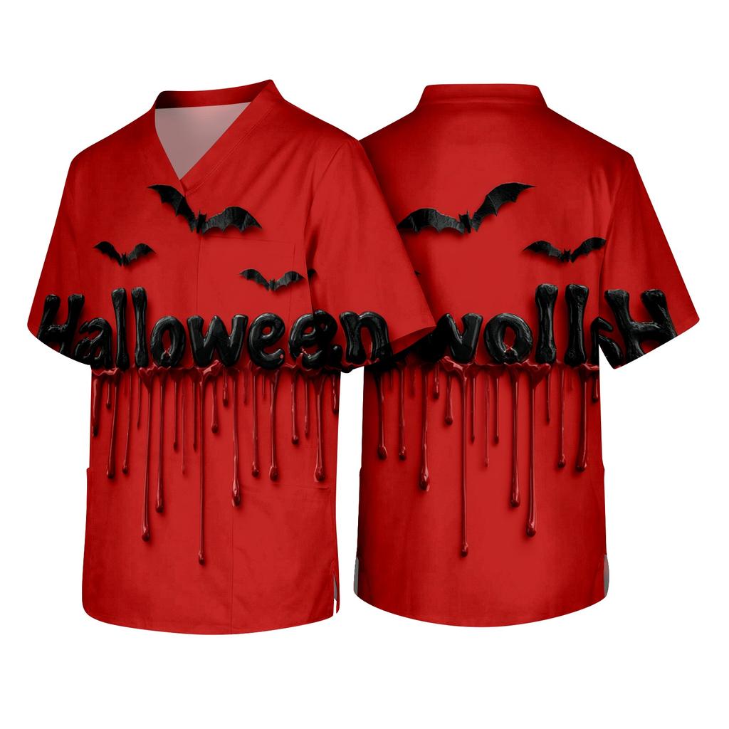 Men's V Neck Halloween Print Scrub Top with Chest Pocket and Two Front Pockets for Healthcare Professionals Workwear