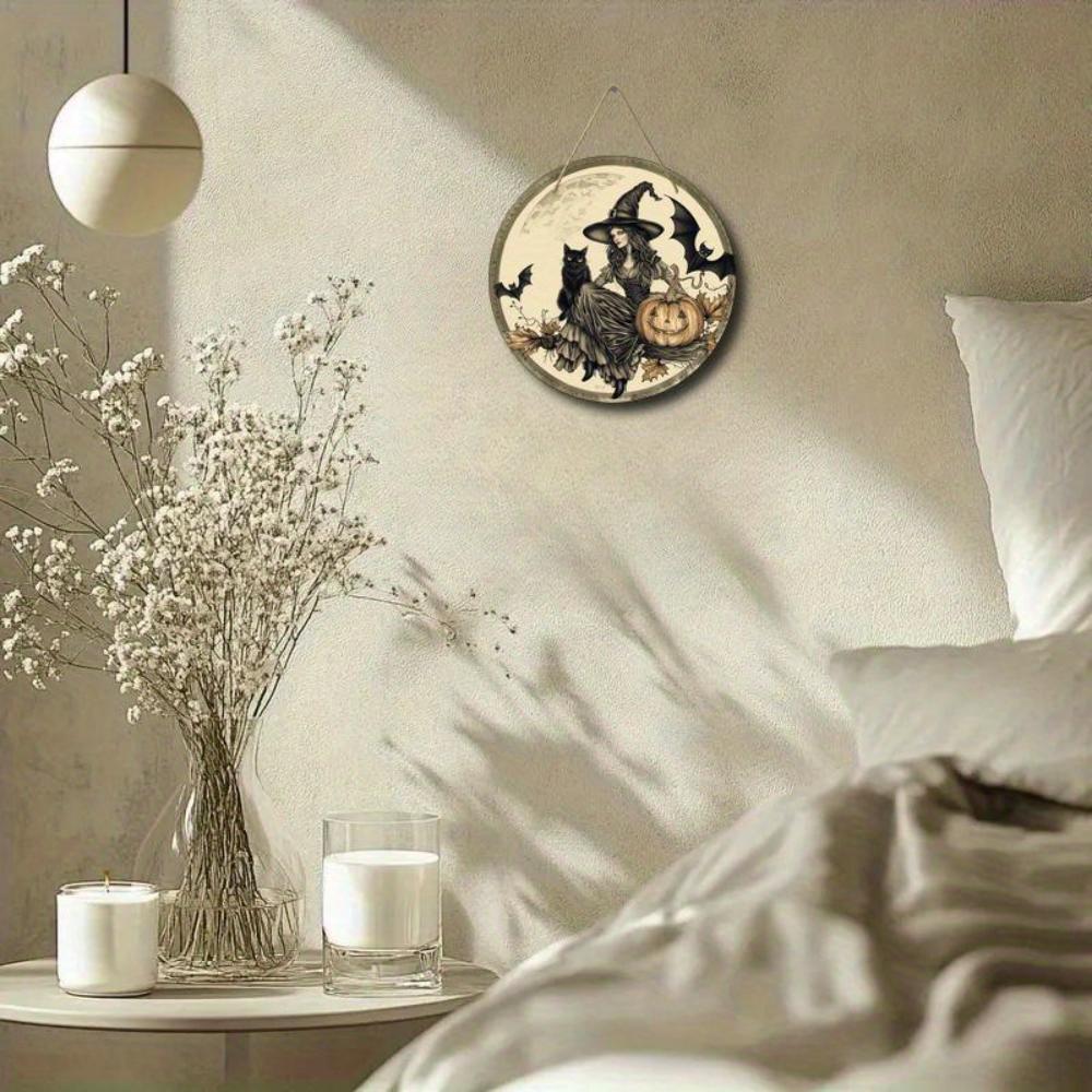 2D Flat Witch Wooden Pendant, Witch, Cat, Bat and Pumpkin Design, Suitable for Home Office Cafe Bar Party Decoration Halloween Gift