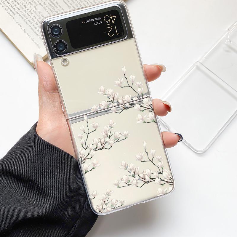 Phone Case For Samsung Galaxy Z Flip 3 4 5 Hard Folding Clear PC Bumper Flower For Samsung Z Flip 6 Back Cover
