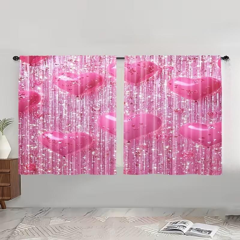 2 Pcs Pink Heart Print Curtains,suitable for Bedroom,living Room Kitchen Decoration,home Decoration,window Decoration Curtain