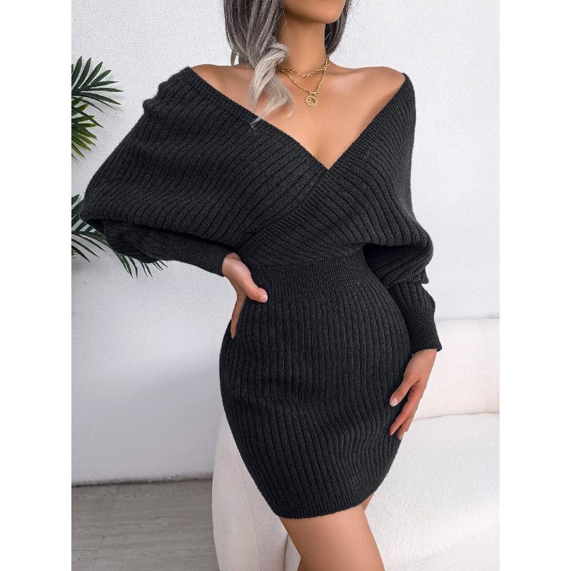 Solid Color Sexy Cross V Neck Batwing Long Sleeve High Waist Bodycon Pencil Mini Dress For Women