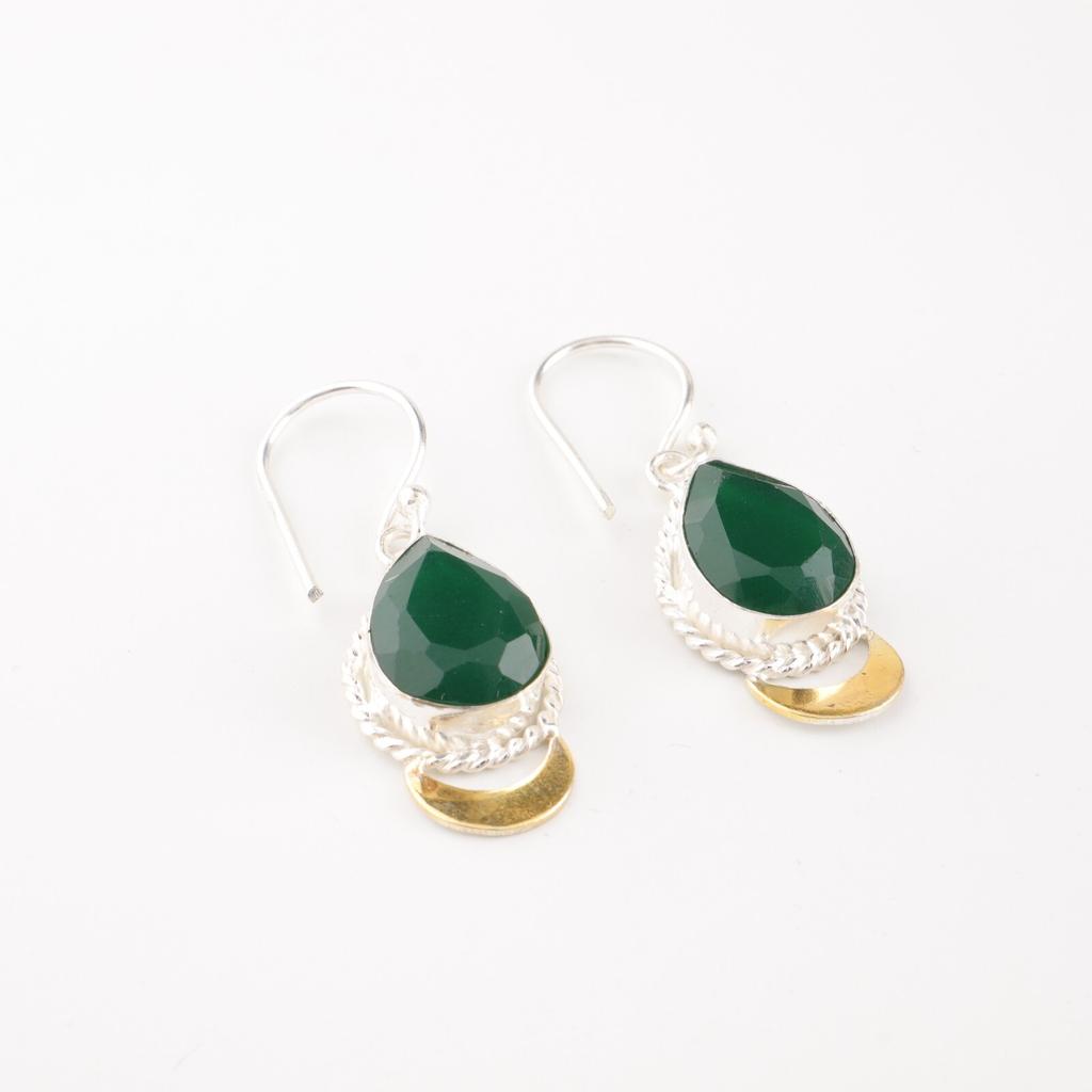 Green Onyx Gemstone 925 Stamped Silver Jewelry Handmade Statement Earrings 1.5" EE-162-15