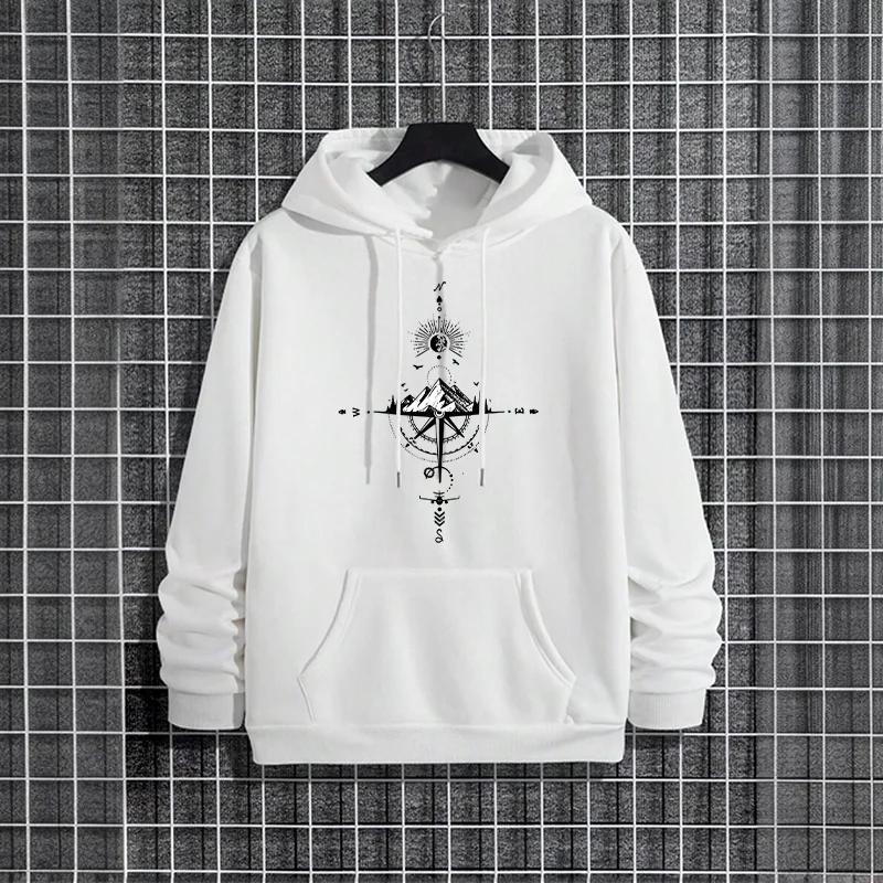 Vintage Compass Print Men's Hoodie Urban Streetwear Fashion Casual Sporty Hooded Sweatshirt Home Outdoor Comfort Warm Pullover
