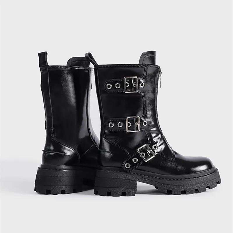 Fashion Rivet Belt Buckle Chunky Heeled Leather Ankle Boots Women Fall Winter Platform High Heels Punk Motorcycle Boots Shoes
