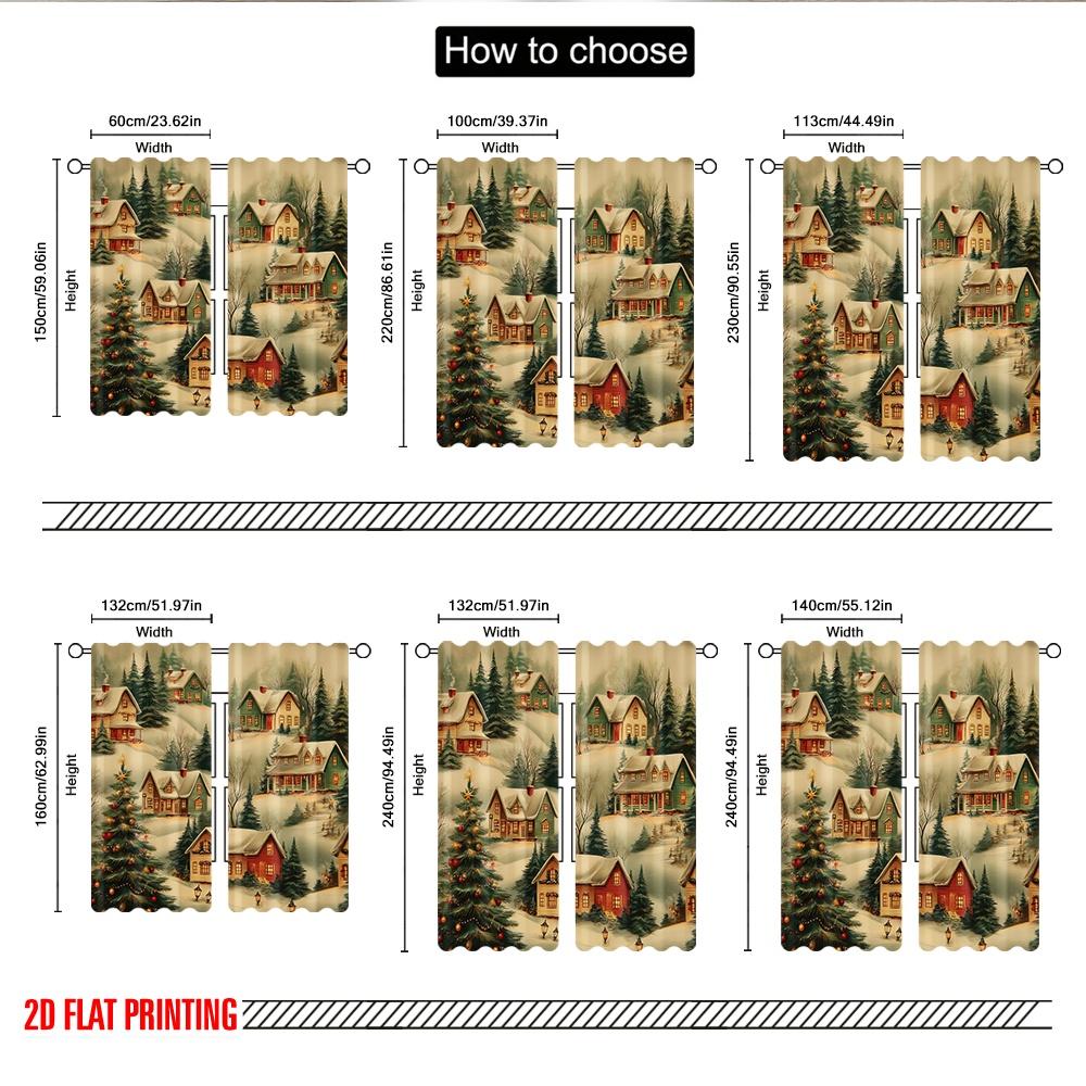 2pcs 2D flat printing Merry Christmas Trendy Curtains Cozy Snow Village Houses Digital Printed Polyester Drapes Family Party Use