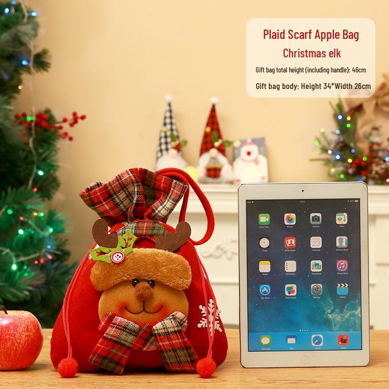 Cross-border Christmas Flannel Apple Drawstring Gift Bag with Bow - Cartoon Candy Bag for Kids