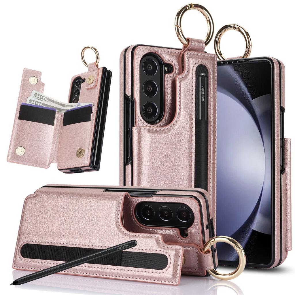 Fold7 Ring Leder Handyhülle für Samsung Galaxy Z Fold 7 6 5 4 3 Stifthalter Doppelschnalle Klapp-Kartenhalter Geldbörse Harte Abdeckung
