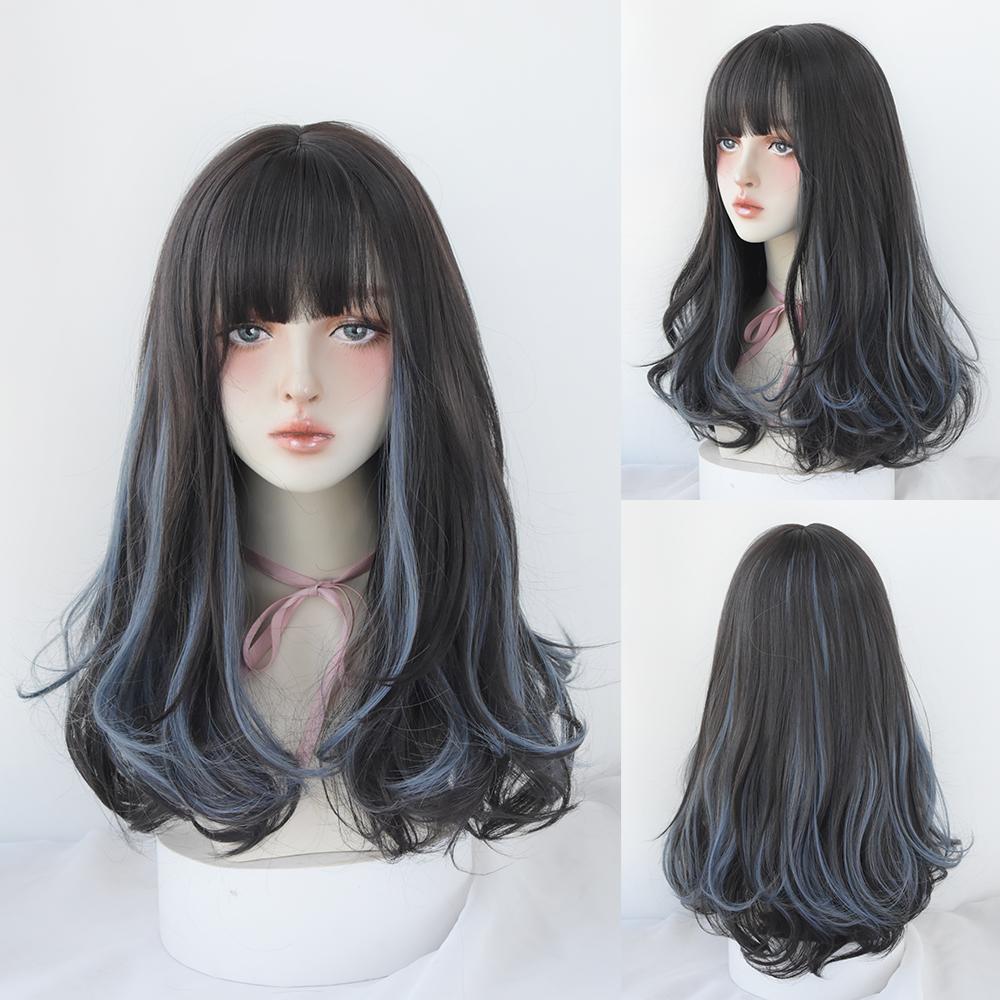 Lange Lockige Haare Damen Perücke mit Pony Täglich Braun Schwarz Rosa Lolita Cosplay Geflochtene Perücken Hitzebeständige Faser Party Kunsthaar
