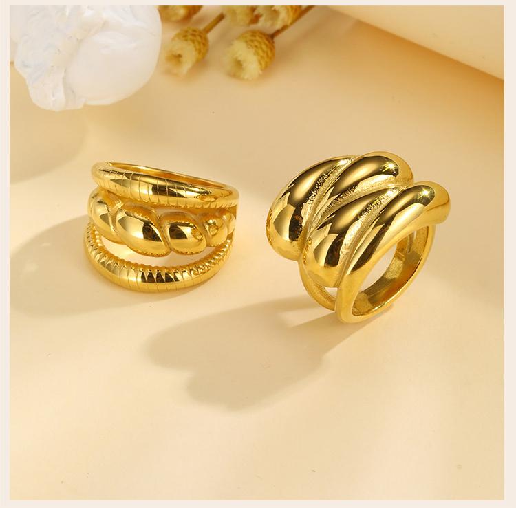 Double Layer Chunky Ring for Women, Gold Plated Stainless Steel, High Polish Statement Band Radial Ring