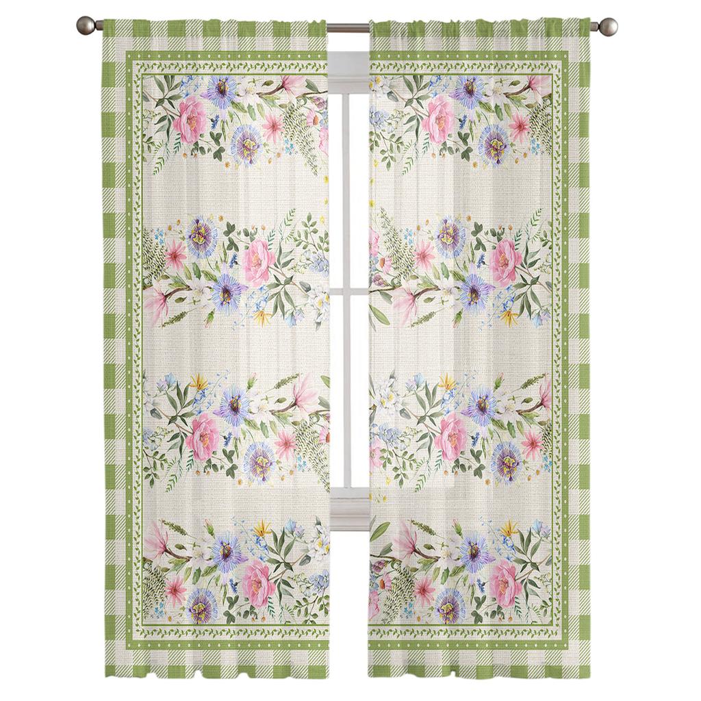 Summer Plaid Idyllic Flowers Sheer Curtains For Living Room Kitchen Bedroom Voile Hanging Window Drapes