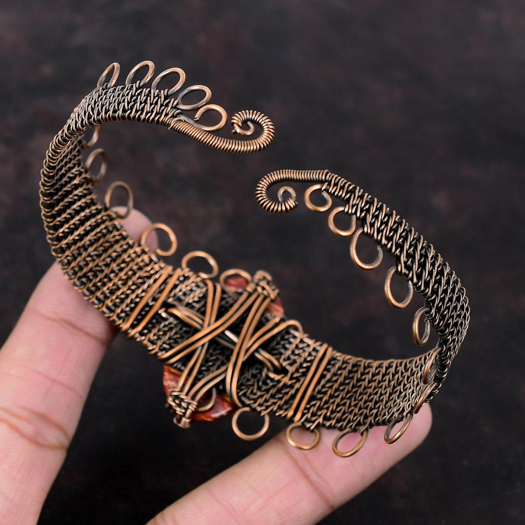 Red Snakeskin Jasper Cuff Bracelet Copper Wire Wrapped Adjustable Bangle Handmade Gemstone Bangle Copper Jewelry Flower Bangle Gift For Him