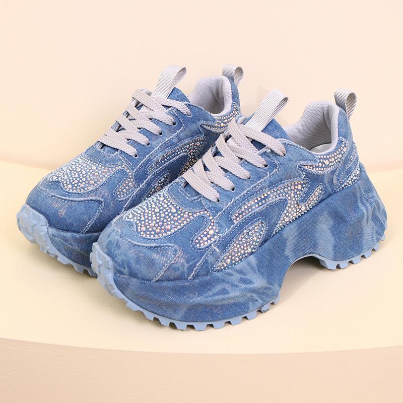 Fashion Fashion Rhinestone Chunky Sneakers Women Blue Denim Thick Sole Lace Up Sports Shoes Woman Plus Size Non Slip Platform Sneakers