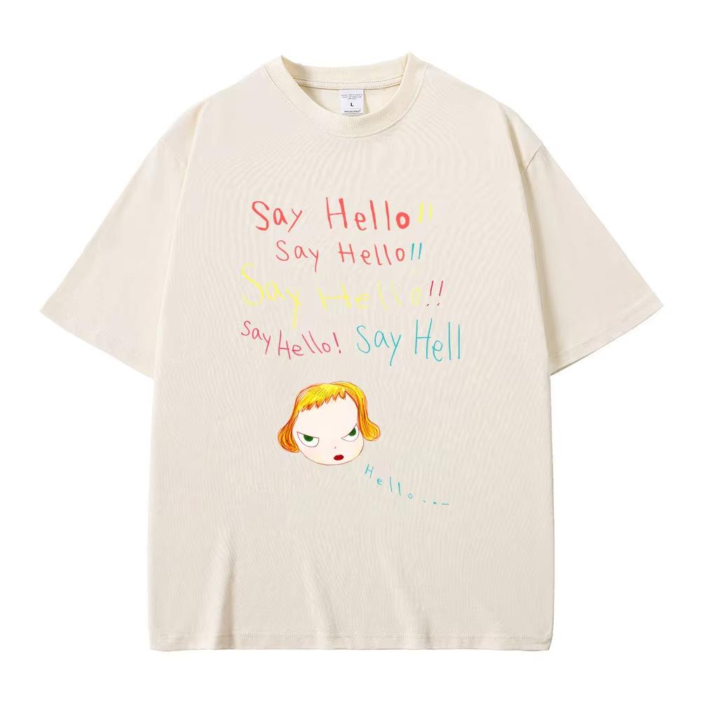 Yoshitomo Nara Sag Hallo Lustige Meme T-Shirts Sommer Unisex Unisex Lässiges Übergroßes T-Shirt Unisex Y2k Kunst Ästhetische T-Shirts