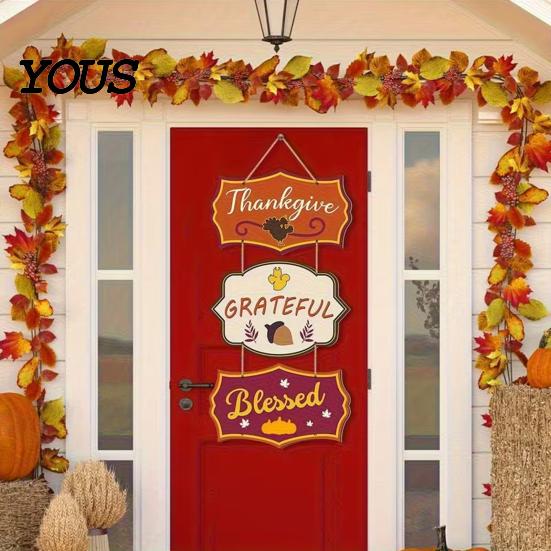 Retro Warm Brown Sign Wooden Door Sign, Farmhouse Autumn Hanging Decor with Turkey Acorns, And Acorn 3-Section Waterproof Porch Wall Prestrung